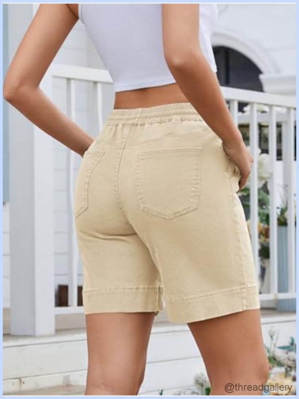 Rasutina Women's Bermuda Shorts Stretchy 7 Inch Inseam Drawstring Pull On Jean - Picture 2 of 6